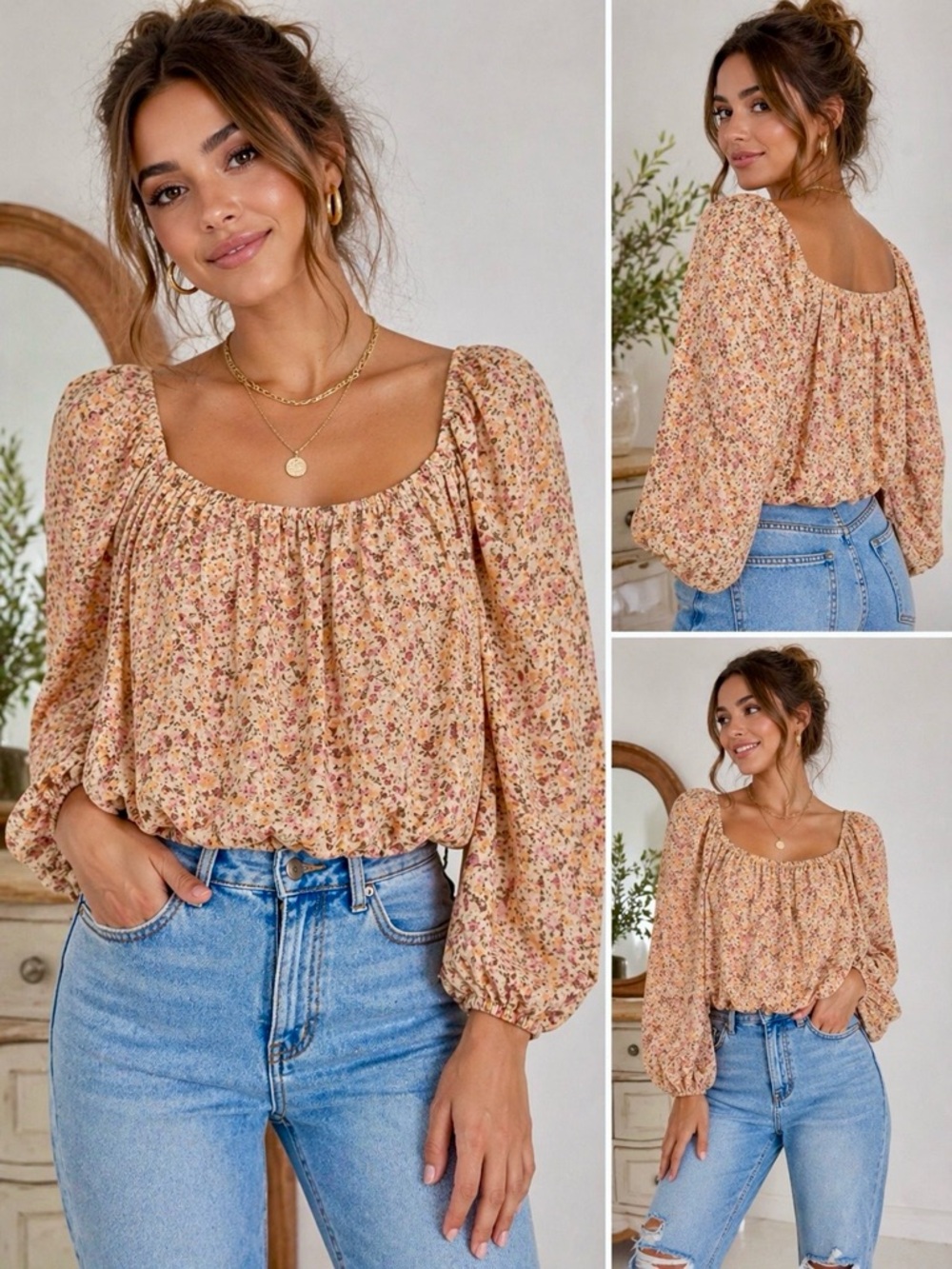 Lush Apricot Floral Peasant Blouse Puff Sleeve Square Neck Smocked Crop Top L